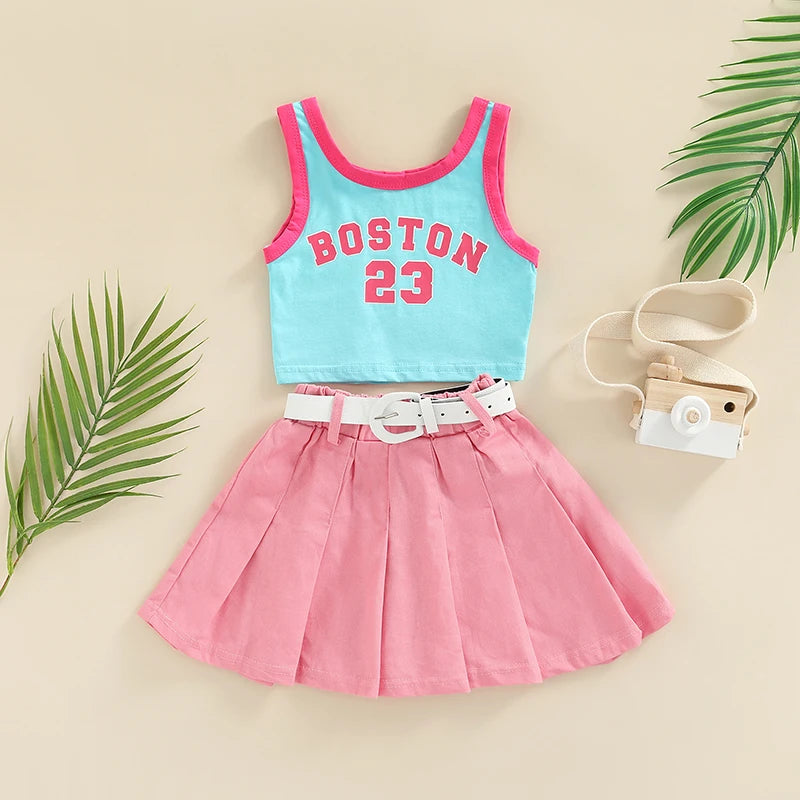 FOCUSNORM 1-6Y Fashion Little Girls Kids Clothes Sets 2pcs Letter Patchwork Sleeveless Causal Vest+Solid Pleated Skirts+Belt