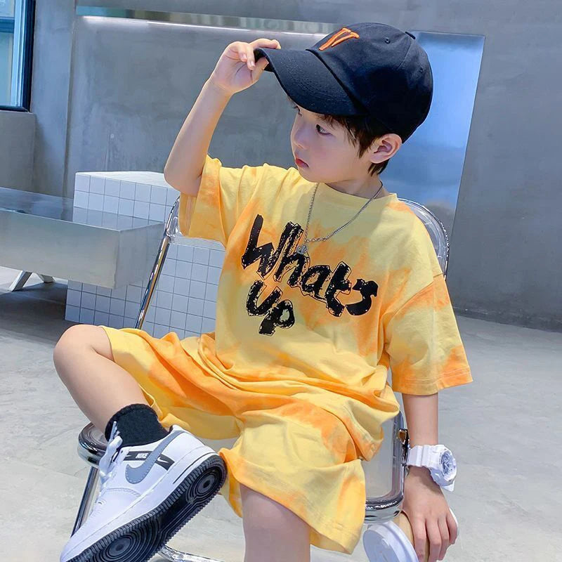 2024 New Boy Summer Quick dry Suit Children Streetwear what's up Short Sleeve TShirt + Shorts Two piece Sports Set Loose Outfits
