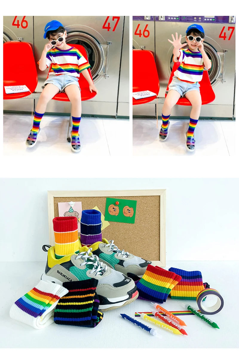 Fashion Rainbow Socks for Kids Spring Summer Colourful Stripe Breathable Cotton Girls Boys Tube Socks School Long Socks 1-8 Year