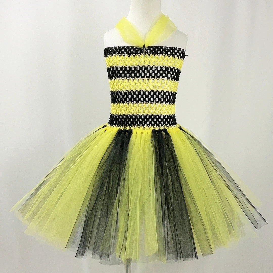Bumble Bee Tutu Dress for Baby Girls Birthday Outfit Halloween Costume for Kids Honeybee Cosplay Dresses with Wing Headband Set