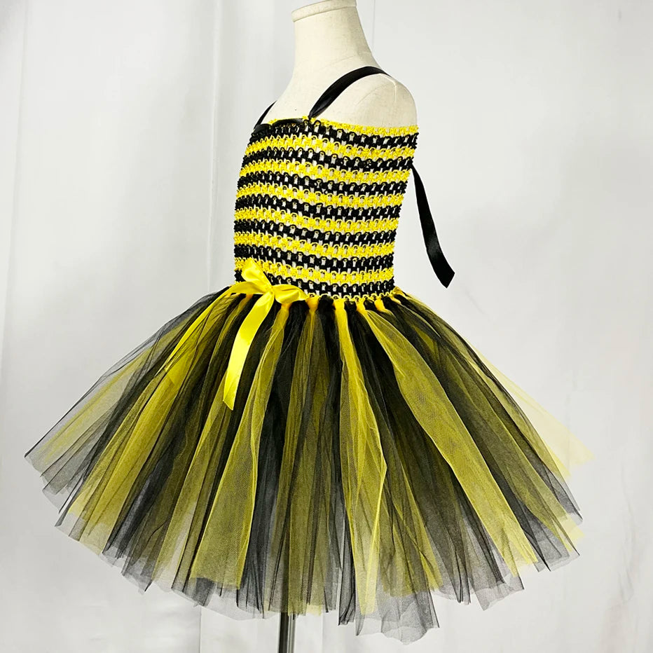 Bumble Bee Tutu Dress for Baby Girls Birthday Outfit Halloween Costume for Kids Honeybee Cosplay Dresses with Wing Headband Set