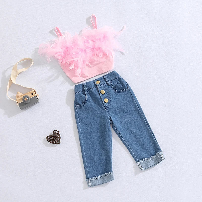 FOCUSNORM Little Girls Fashion Clothes Sets 1-6Y Ruffles Fur Feather Sleeveless Camisole Tops+High Waist Denim Pants 2pcs