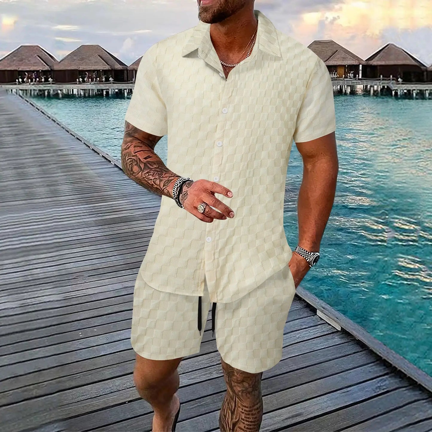 2025 Europe and America new summer men's loose fashion solid color casual mix short sleeve T-shirt shorts suit