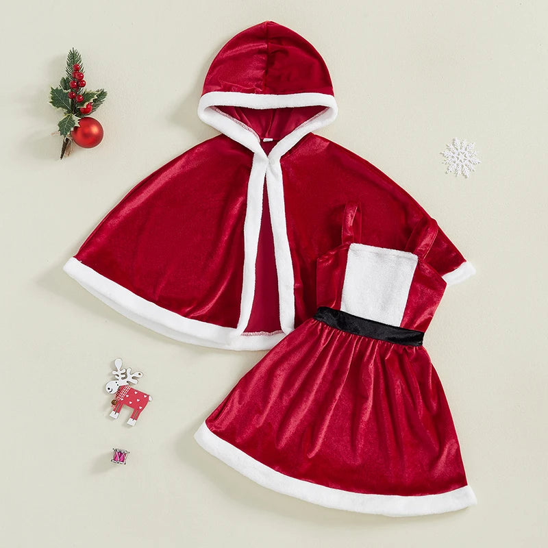 Girls Christmas Outfit Set with Santa Terry Trim Sleeveless A-Line Dress and Hooded Cloak - Festive Holiday Clothing for Kids