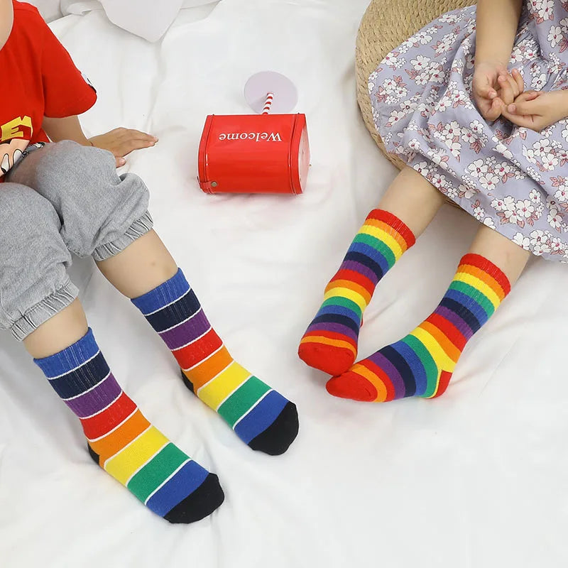 Fashion Rainbow Socks for Kids Spring Summer Colourful Stripe Breathable Cotton Girls Boys Tube Socks School Long Socks 1-8 Year
