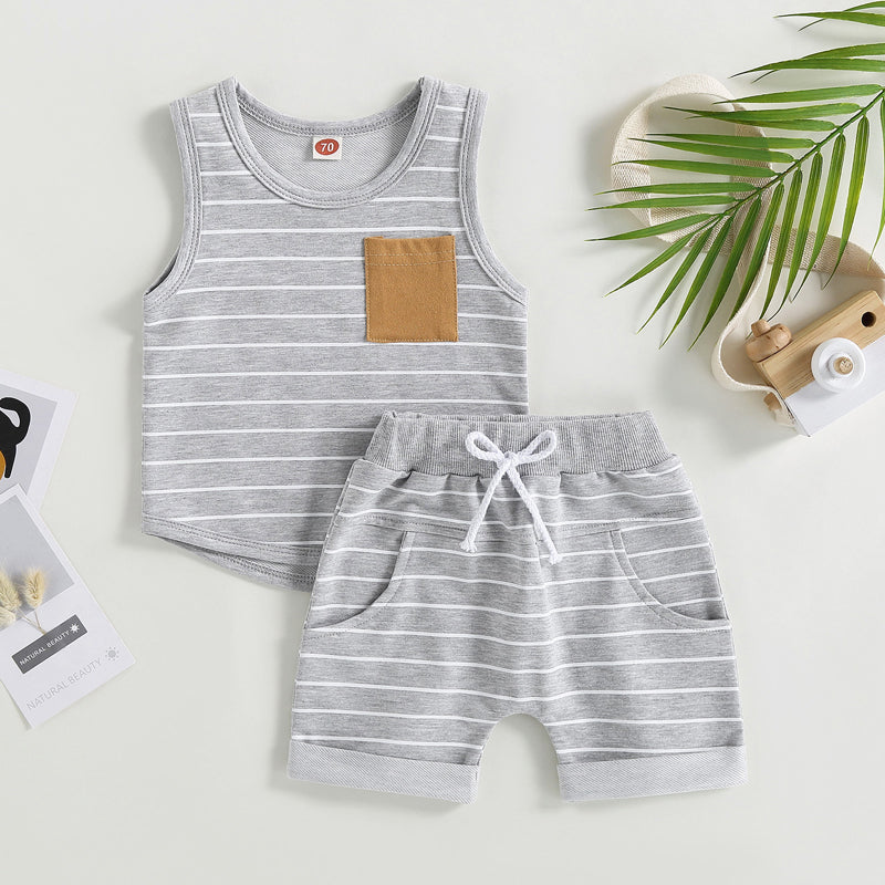 2023-03-01 Lioraitiin 0-4Years Kids Baby Boy 2Pcs Summer Outfits Striped Sleeveless Tank Tops and Stretch Shorts Pocket Set