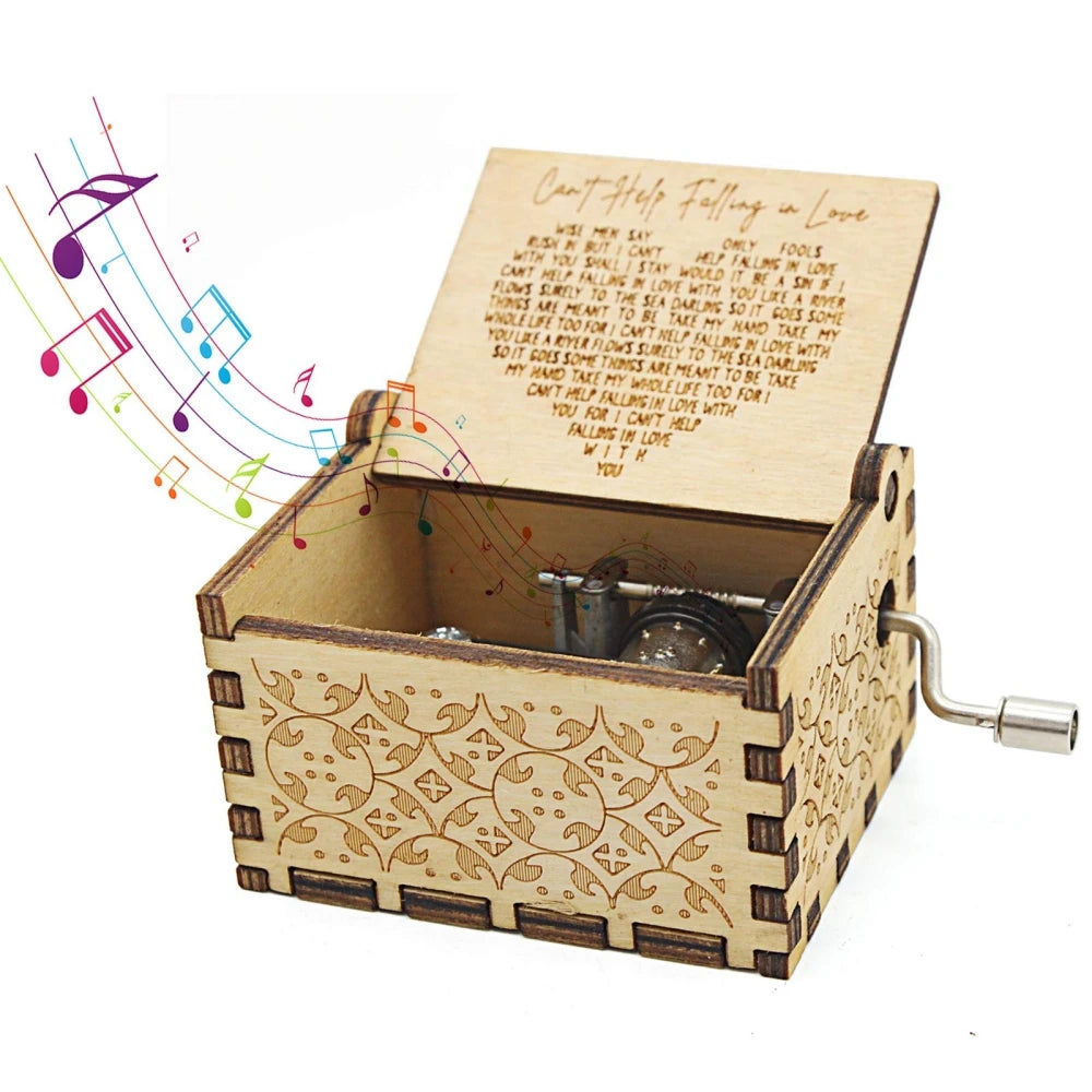 Wooden Hand-Cranked Music Box Vintage Engraving Music Box Can't Help Falling in Love Valentines Day Gift Birthday Presents