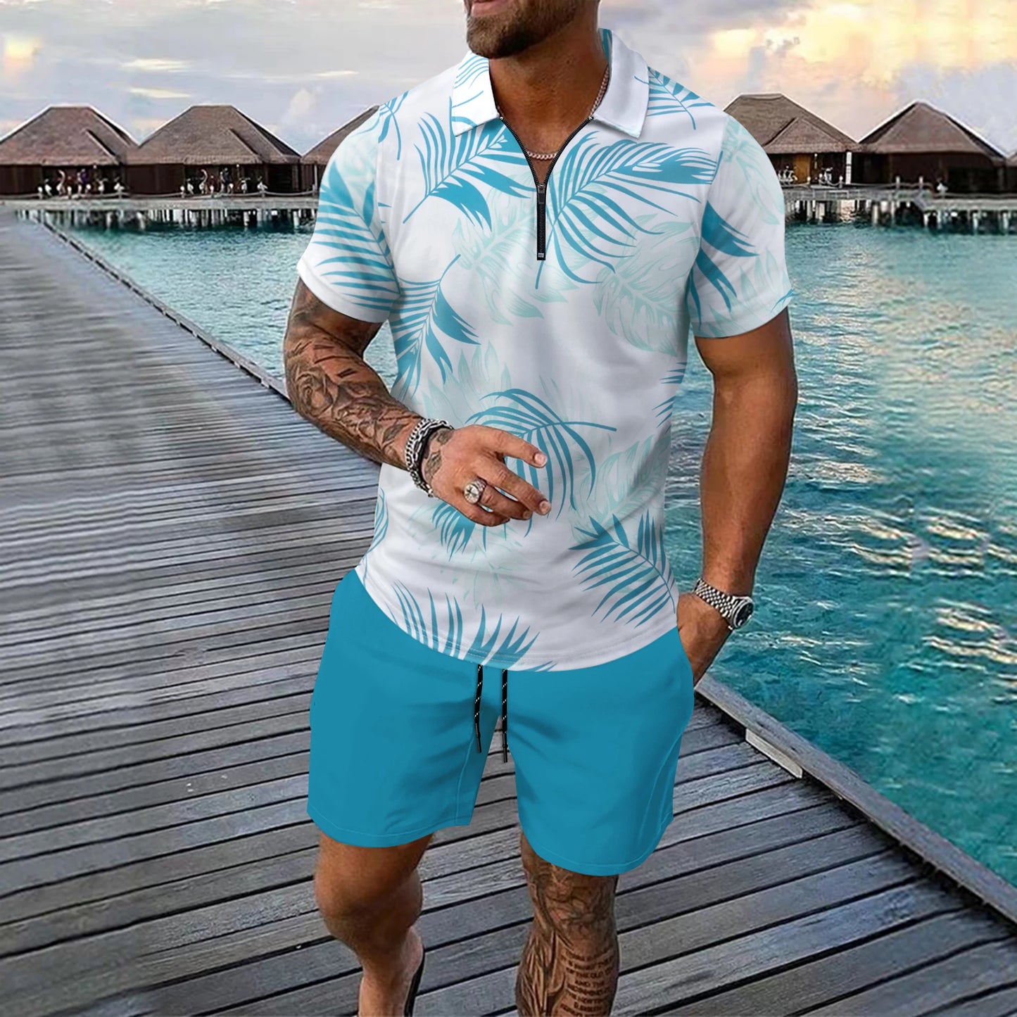 Fashion Zip Polo Shirts Men's Set Hawaiian Beach Vacation Short Sleeve Polo Shirt Shorts 2 Piece Outfit Street Casual Loose Suit