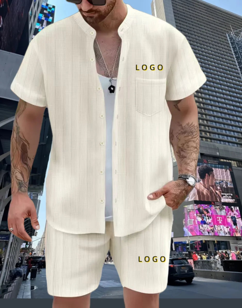 Spring/summer solid color Henry collar pocket suit for men. Shirt casual short sleeve shorts beach loose fashion suit