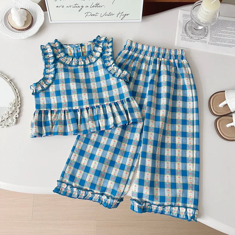 Children's Clothing Sets Blue Plaid Floral Print Sleeveless Top + Wide Leg Pants + Shorts 3 Pcs Sets Kids Clothes for Girls