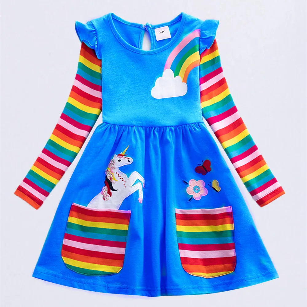 Girls' Long Sleeve Unicorn Dress Autumn Embroidery Two Pockets Rainbow Sleeves 81035