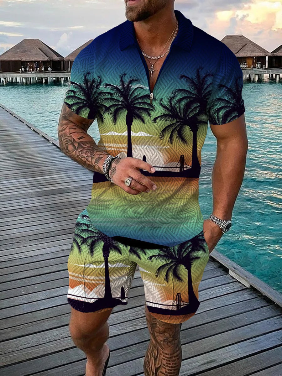 Hawaiian Coconut Tree Print Men's Sets Fashion Zip Polo Short Sleeve Top +Shorts Outfit Summer Beach Vacation Oversized Tee Suit