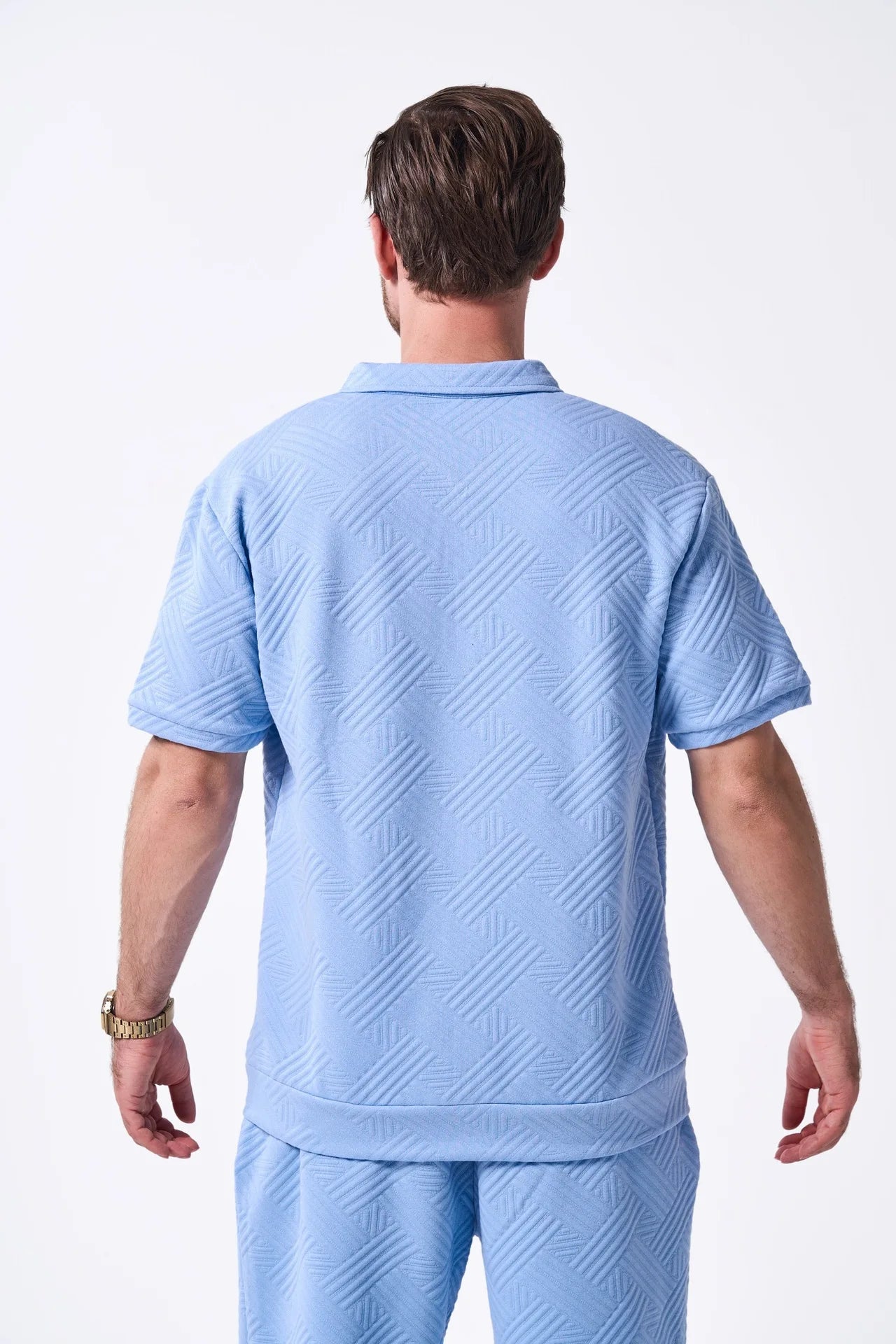 2025 summer new style men Hawaii fashion beauty suit simple casual jacquard short sleeve solid color zipper cardigan shorts two