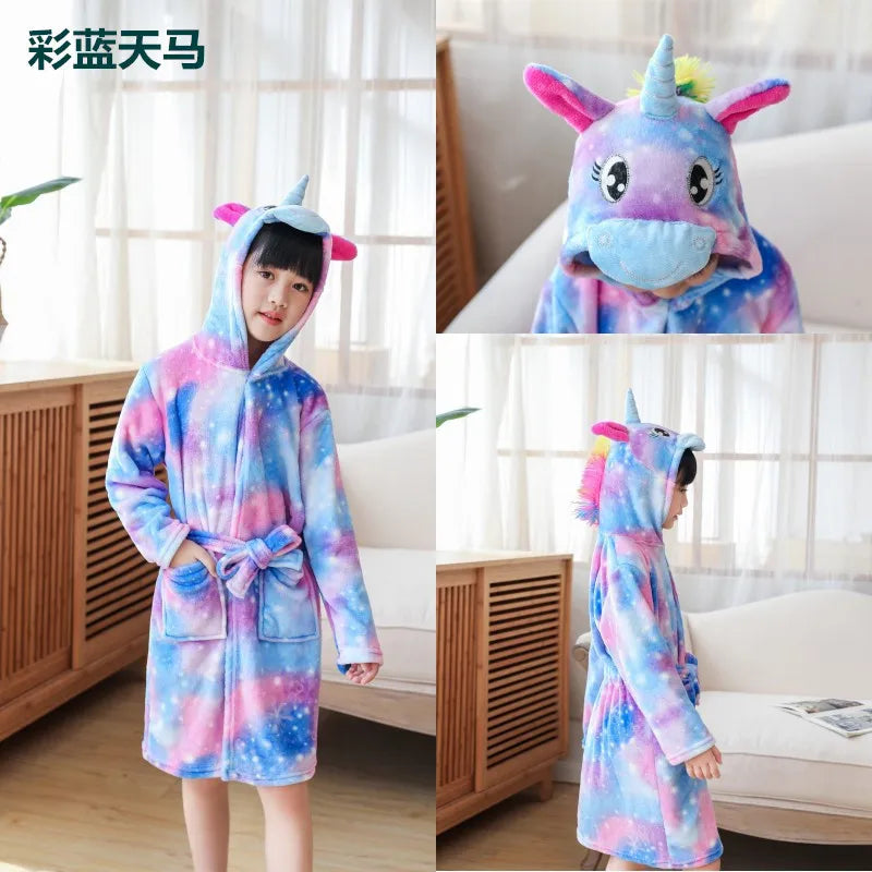 Boys Girls Hooded Bathrobe Toddler Unicorn Anime Cartoon Towel Beach Children's Sleepwear Baby Kids Bath Robes Pyjamas Nightgown