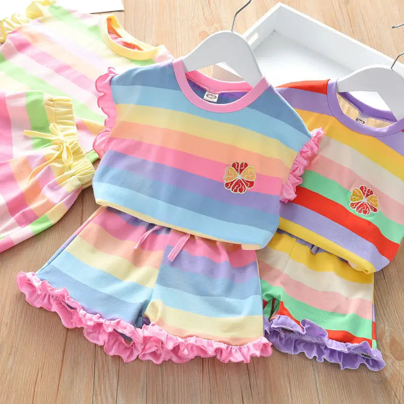 Children's Clothing Sets Floral Embroidery Short Sleeve Lace Top + Striped Printed Shorts 2pcs Sets Kids Clothes for Girls