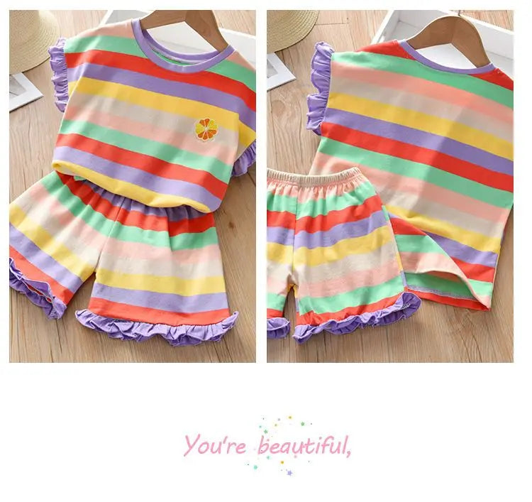 Children's Clothing Sets Floral Embroidery Short Sleeve Lace Top + Striped Printed Shorts 2pcs Sets Kids Clothes for Girls