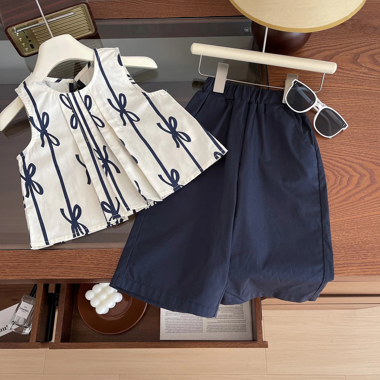 Children's Clothing Sets Bow Print Sleeveless Top + Wide-leg Pants 2pcs Kids Clothes for Girls Set 2 To 7 Years Outfit Set