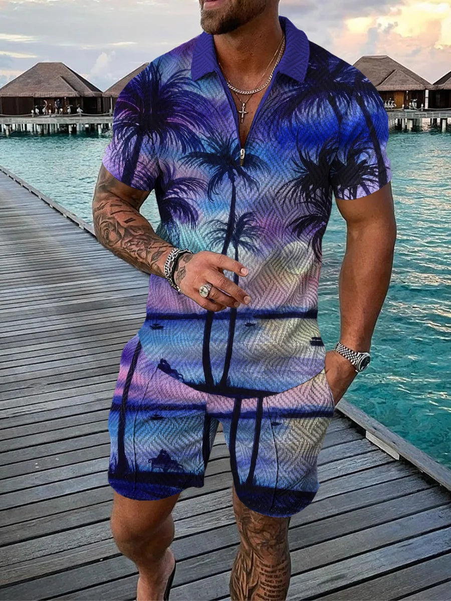 Hawaiian Coconut Tree Print Men's Sets Fashion Zip Polo Short Sleeve Top +Shorts Outfit Summer Beach Vacation Oversized Tee Suit