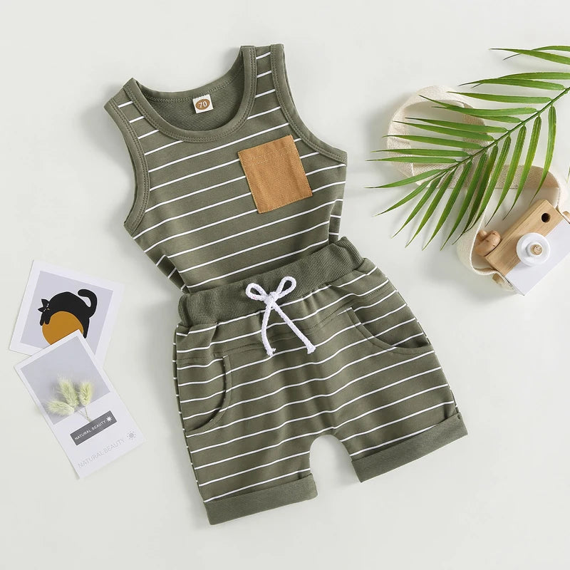 2023-03-01 Lioraitiin 0-4Years Kids Baby Boy 2Pcs Summer Outfits Striped Sleeveless Tank Tops and Stretch Shorts Pocket Set