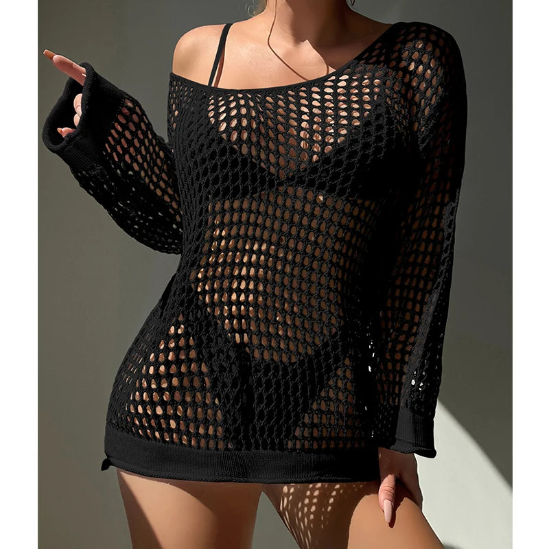 Knitting Loose Swimsuit Cover-Ups Sexy Hollow Out Round Collar Top Women Summer Beach Holiday Fashion Sunscreen Smock Top