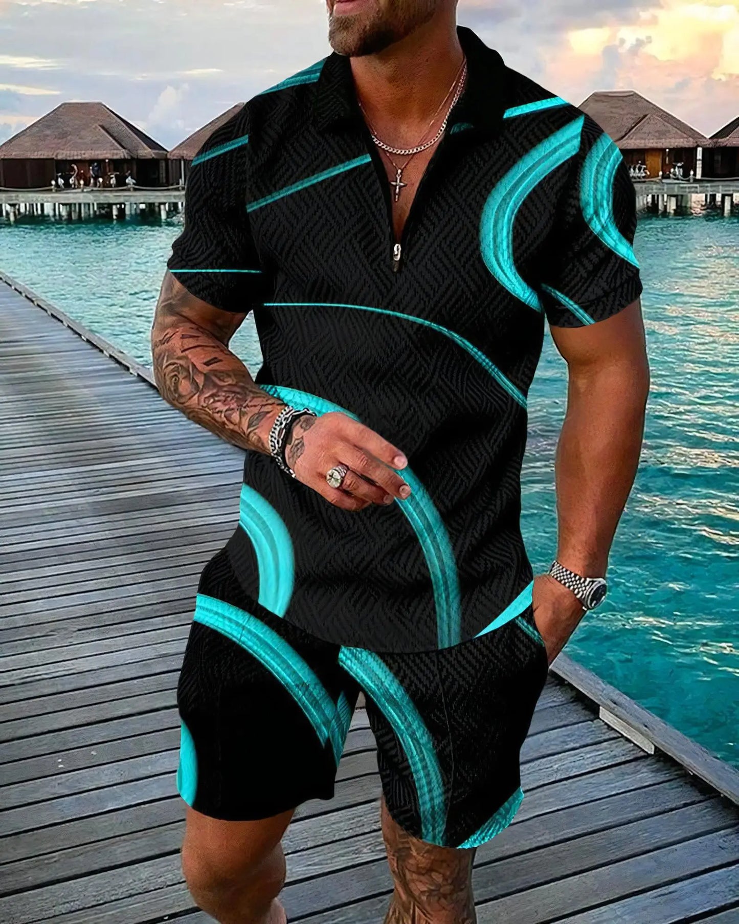 Funny 3D Polka Dot Print Men's Short Sleeve Sets Fashion Zip Polo Shirt Shorts 2 Piece Outfit Summer Street Clothing Casual Suit