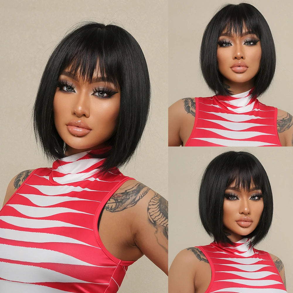 Short Straight Bob Wigs with Bangs Black Brwon Highlight Wig Daily Cosplay Natural Synthetic Hair Wigs for Women Heat Resistant