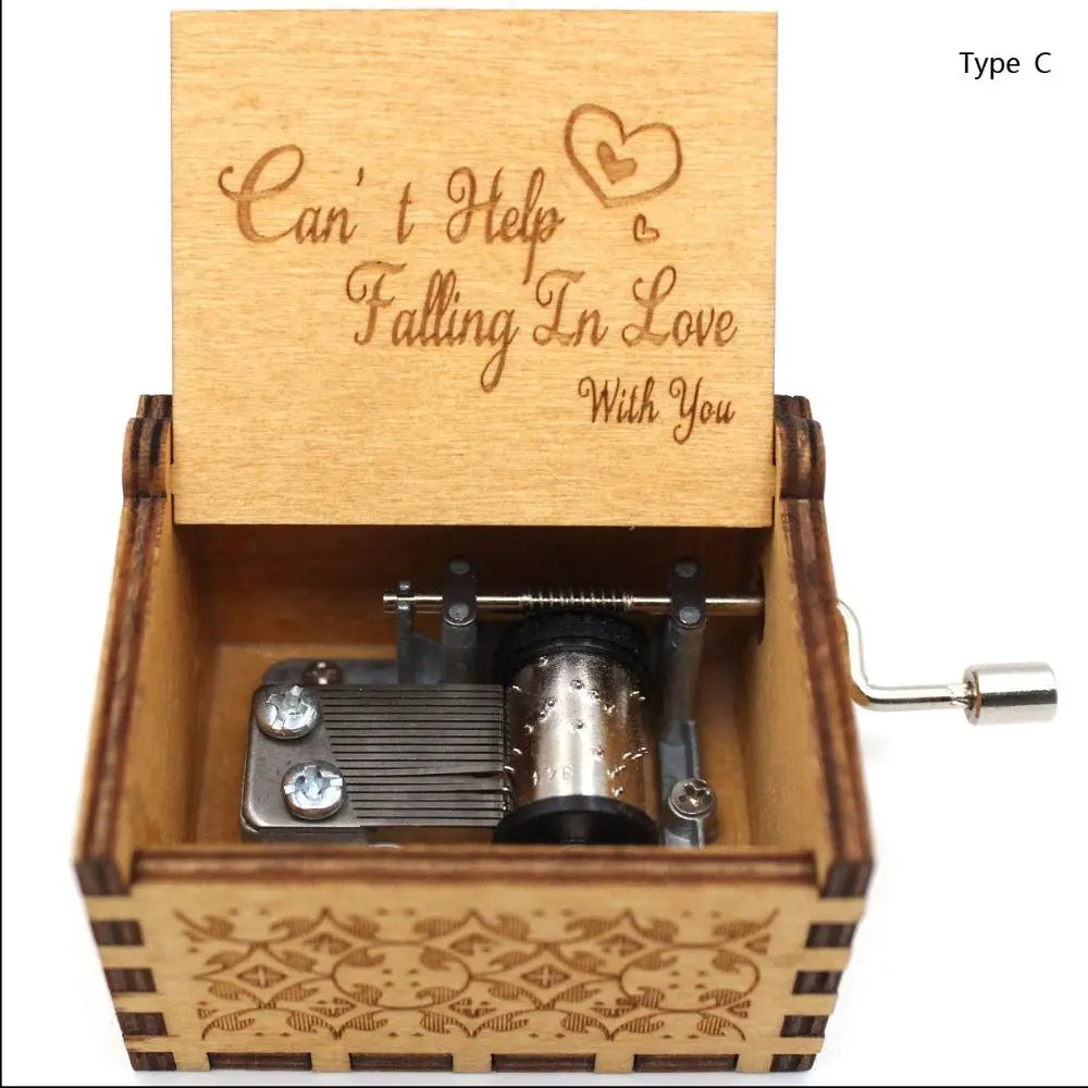 Wooden Hand-Cranked Music Box Vintage Engraving Music Box Can't Help Falling in Love Valentines Day Gift Birthday Presents