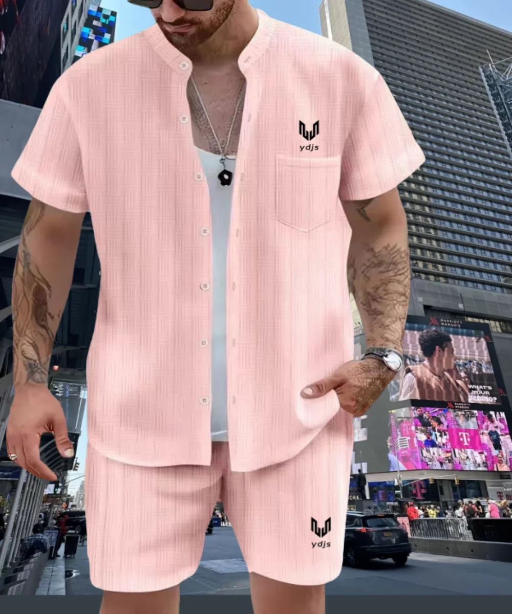 Spring/summer solid color Henry collar pocket suit for men. Shirt casual short sleeve shorts beach loose fashion suit