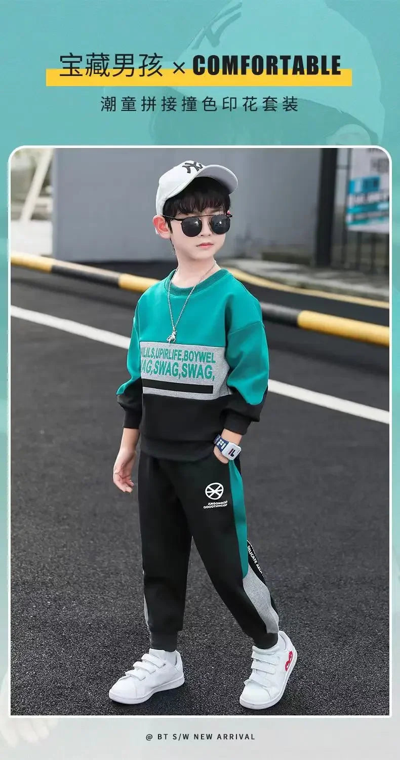2024 autumn winter Boys Tracksuit velvet Children patchwork letters Cotton T-Shirt + Pants Suit Clothes children Set 12 14 Y