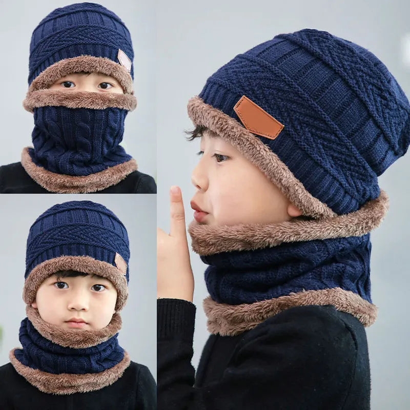 1Pcs Hat Scarf Set Kids Bean Knitted Scarf Cap Children Autumn Winter Fleece Warm Knitted Scarf Hat for Boys Girls