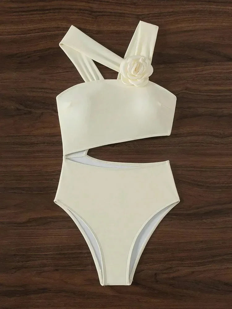 3D Flower Solid 2024 One-shoulder Swimwear Women Sexy Push UP Hollow One Piece Swimsuit Monokini Summer Beach Lady Bathing Suit