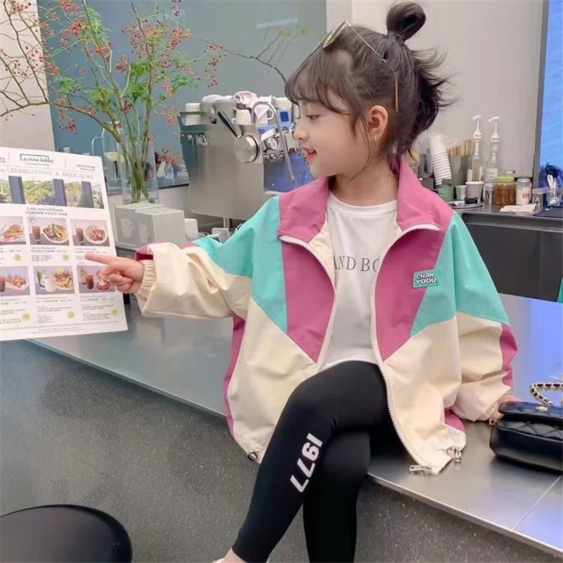New Colorblocking Jackets Spring Girls Fashion Thin Coats Autumn Children Clothes Big Kids Casual Zipper Outerwear 2-10 Years