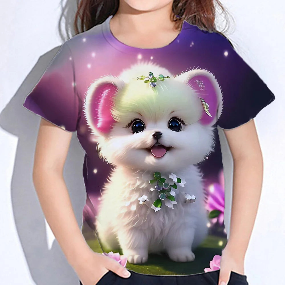 2024 Girl Summer Tops Girls Clothes 2 to 8 Years Short Sleeve Children T-Shirt Cat Print Kids T Shirt Kawaii Children's Clothing