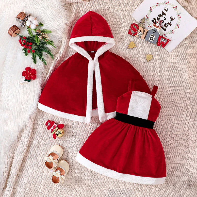 Girls Christmas Outfit Set with Santa Terry Trim Sleeveless A-Line Dress and Hooded Cloak - Festive Holiday Clothing for Kids