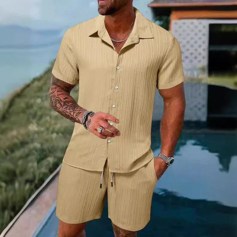 European and American Summer Hot Men's Casual Loose Beach Suit Shirt Shorts Quick Drying Breathable Vacation Style