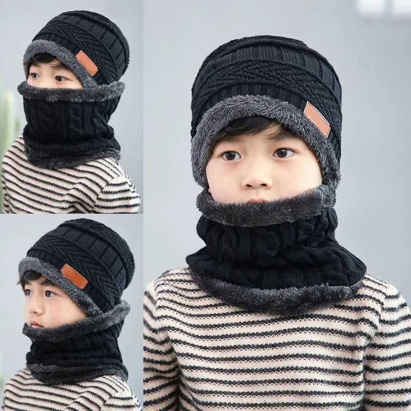 1Pcs Hat Scarf Set Kids Bean Knitted Scarf Cap Children Autumn Winter Fleece Warm Knitted Scarf Hat for Boys Girls