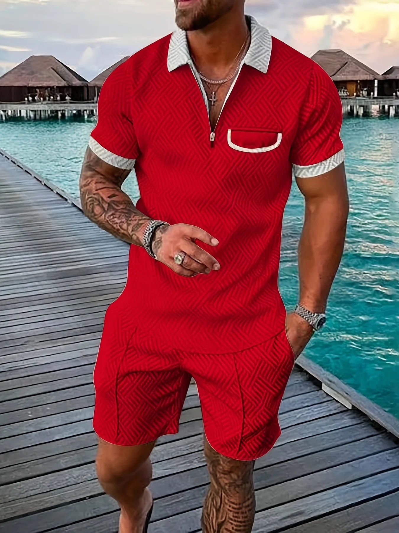 2025 new summer Hawaiian Beach men's fashion lapel casual suit 3D digital print pullover zip-up short-sleeved men's shorts