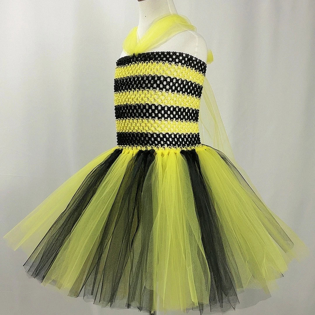 Bumble Bee Tutu Dress for Baby Girls Birthday Outfit Halloween Costume for Kids Honeybee Cosplay Dresses with Wing Headband Set