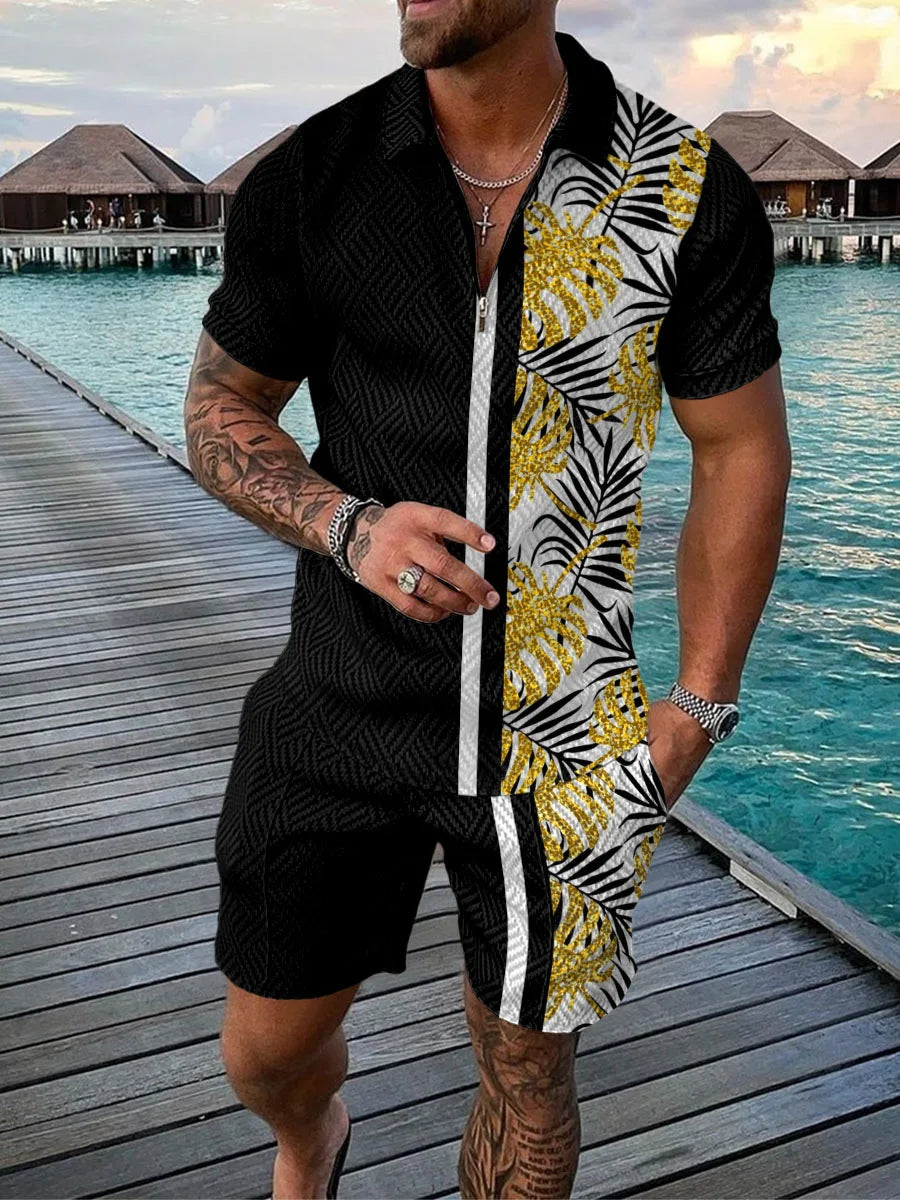 Hawaiian Coconut Tree Print Men's Sets Fashion Zip Polo Short Sleeve Top +Shorts Outfit Summer Beach Vacation Oversized Tee Suit