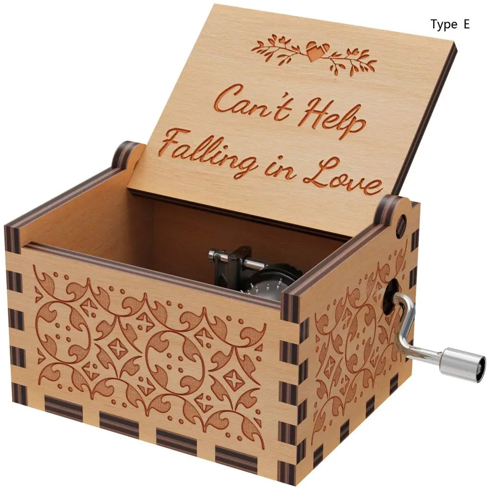 Wooden Hand-Cranked Music Box Vintage Engraving Music Box Can't Help Falling in Love Valentines Day Gift Birthday Presents