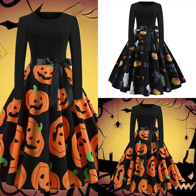 Halloween Cosplay Costume Props Fancy Pumpkin Womens Dress Long Sleeve Princess Dress Festival Dress Up Party Vintage Robe