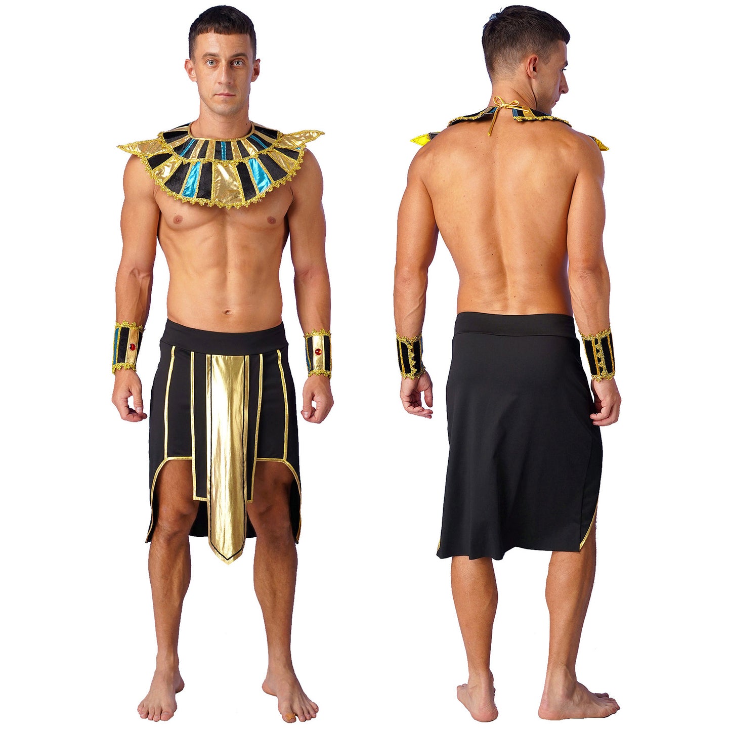 Mens Ancient Egyptian Pharaoh King Cosplay Costume Halloween Fancy Dress Skirt with Cuffs Collar Outfit for Theme Party/Stage
