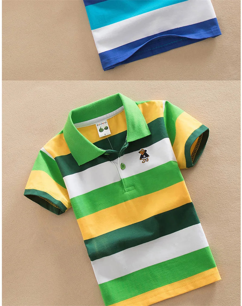 T-shirt For Boys Summer Children Short Sleeve Stripe Tees Cartoon Bear Embroidery Tops Teens Breathable Polo Shirt Kids Clothing