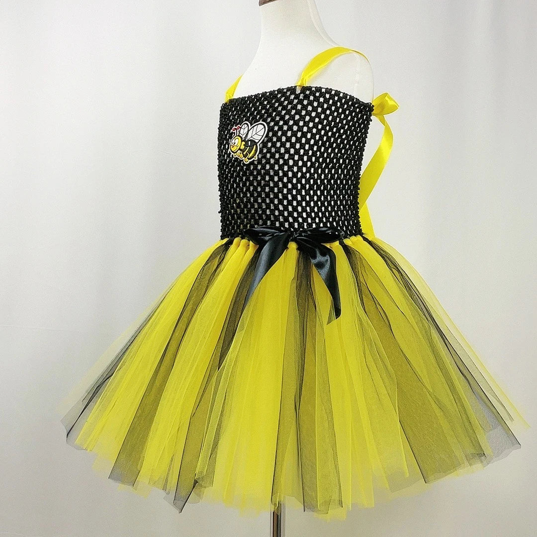 Bumble Bee Tutu Dress for Baby Girls Birthday Outfit Halloween Costume for Kids Honeybee Cosplay Dresses with Wing Headband Set