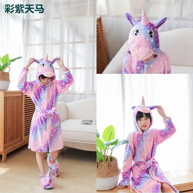 Boys Girls Hooded Bathrobe Toddler Unicorn Anime Cartoon Towel Beach Children's Sleepwear Baby Kids Bath Robes Pyjamas Nightgown