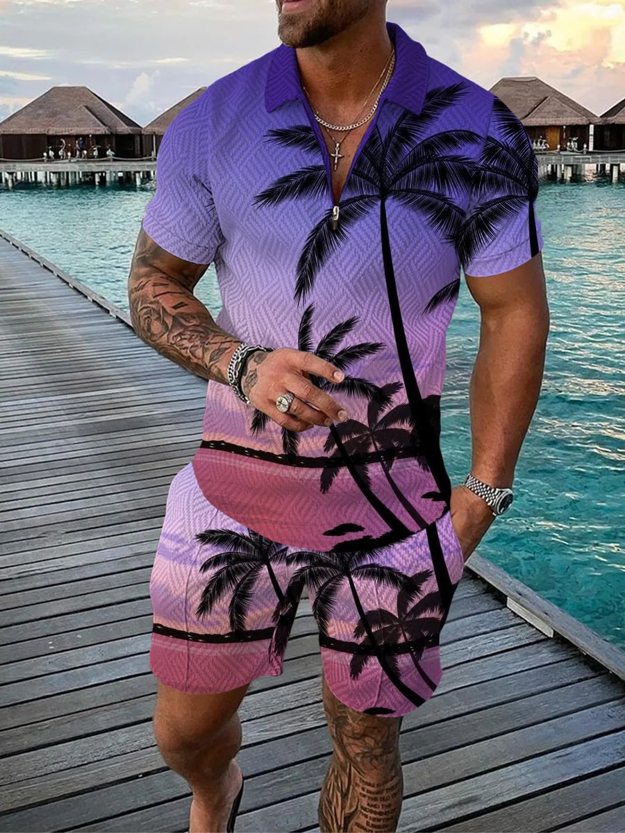 Hawaiian Coconut Tree Print Men's Sets Fashion Zip Polo Short Sleeve Top +Shorts Outfit Summer Beach Vacation Oversized Tee Suit