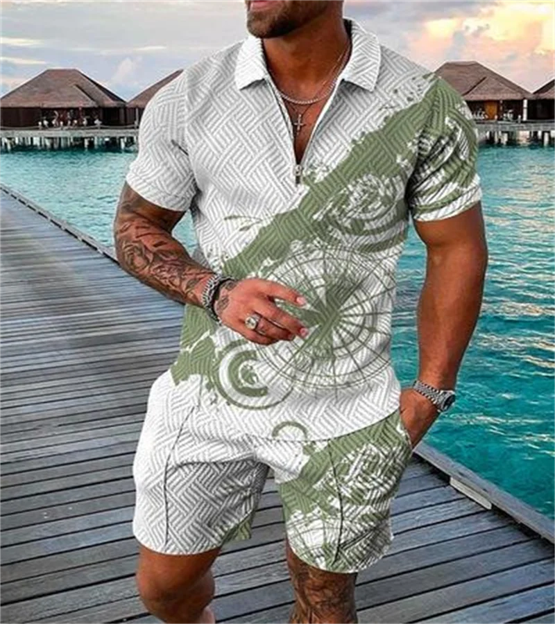 Funny 3D Polka Dot Print Men's Short Sleeve Sets Fashion Zip Polo Shirt Shorts 2 Piece Outfit Summer Street Clothing Casual Suit