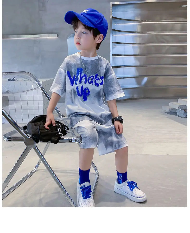 2024 New Boy Summer Quick dry Suit Children Streetwear what's up Short Sleeve TShirt + Shorts Two piece Sports Set Loose Outfits