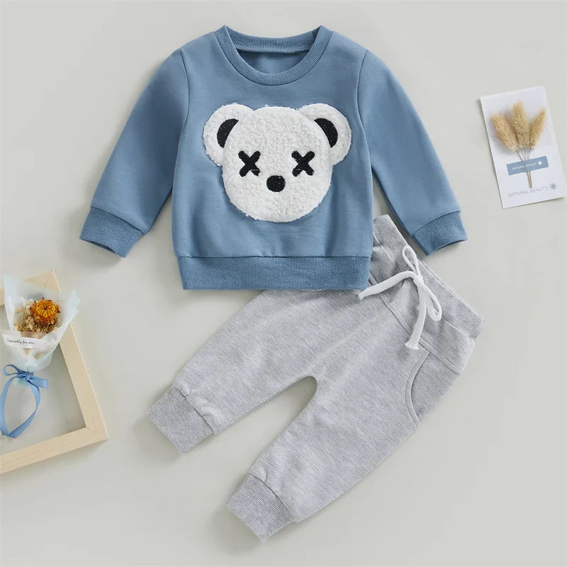1-5 Years Kid Boys Girls 2Pcs Tracksuit Suits Fall Baby Plush Cartoon Bear Long Sleeves Sweatshirt Top + Elastic Waist Pants