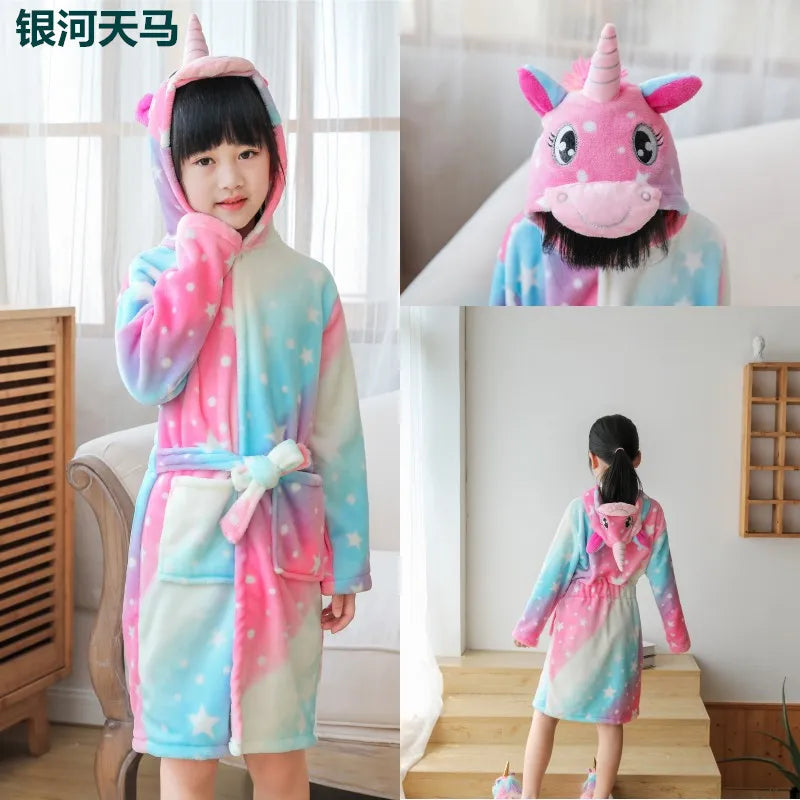 Boys Girls Hooded Bathrobe Toddler Unicorn Anime Cartoon Towel Beach Children's Sleepwear Baby Kids Bath Robes Pyjamas Nightgown